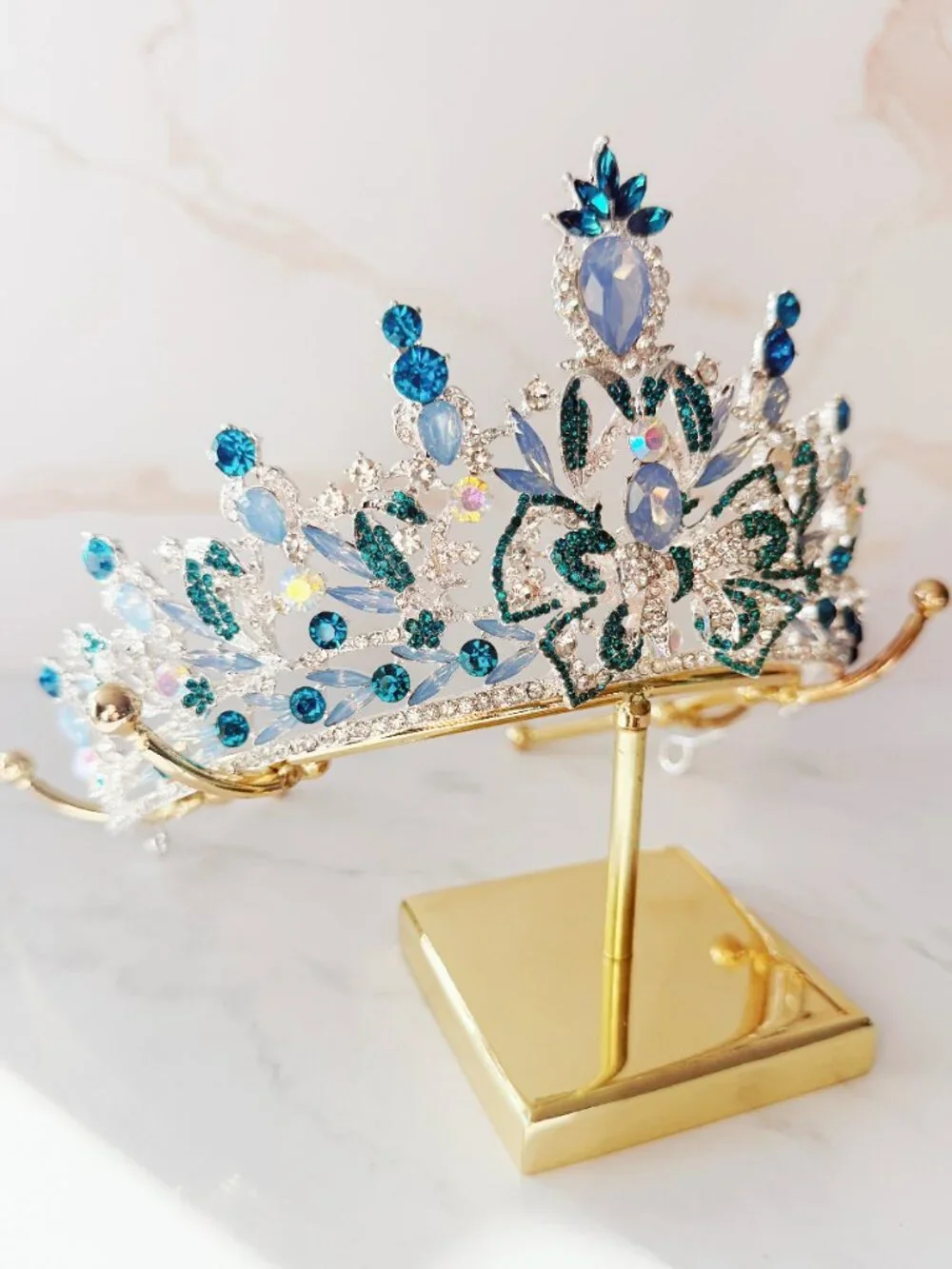 Blue Crystal Tiara Crown, Silver Crystal Bridal Wedding Pageant Prom Headpiece